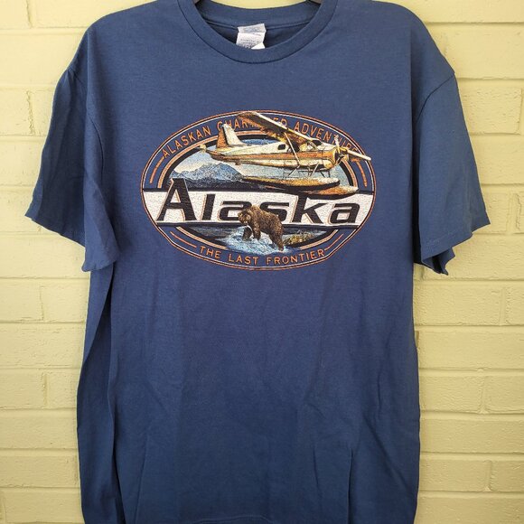 ALASKA Last Frontier T Shirt LARGE Boat Plane and Bear Graphics NEW Blue A1 - Picture 1 of 6
